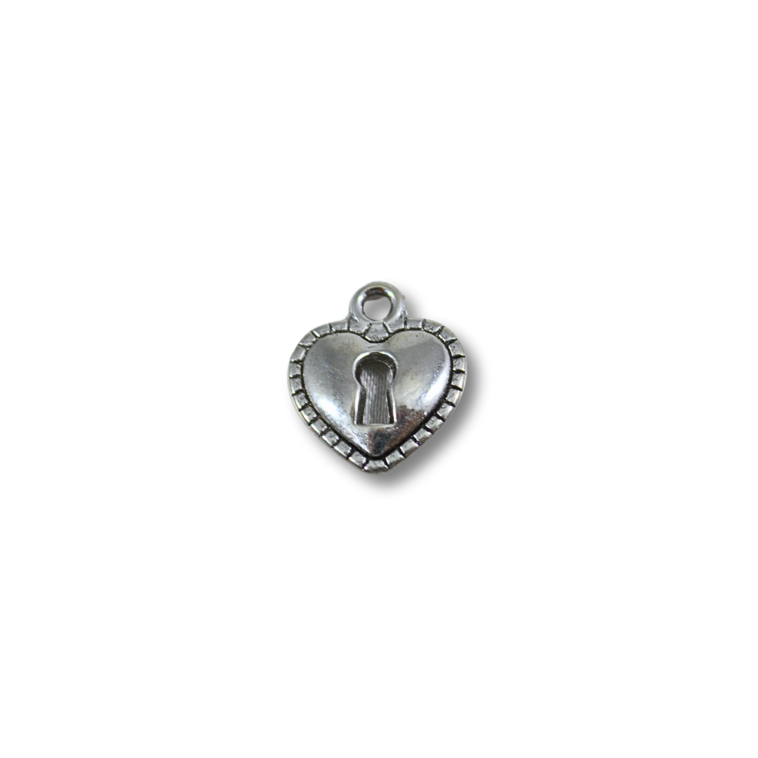 DIJE CORAZON CANDADO CON PUNTOS ZAMAK NIQUEL 15MM (VENTA POR DOCENA)